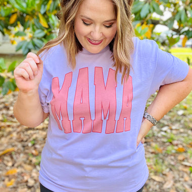 Mama Varsity Pink Tee on Lavender