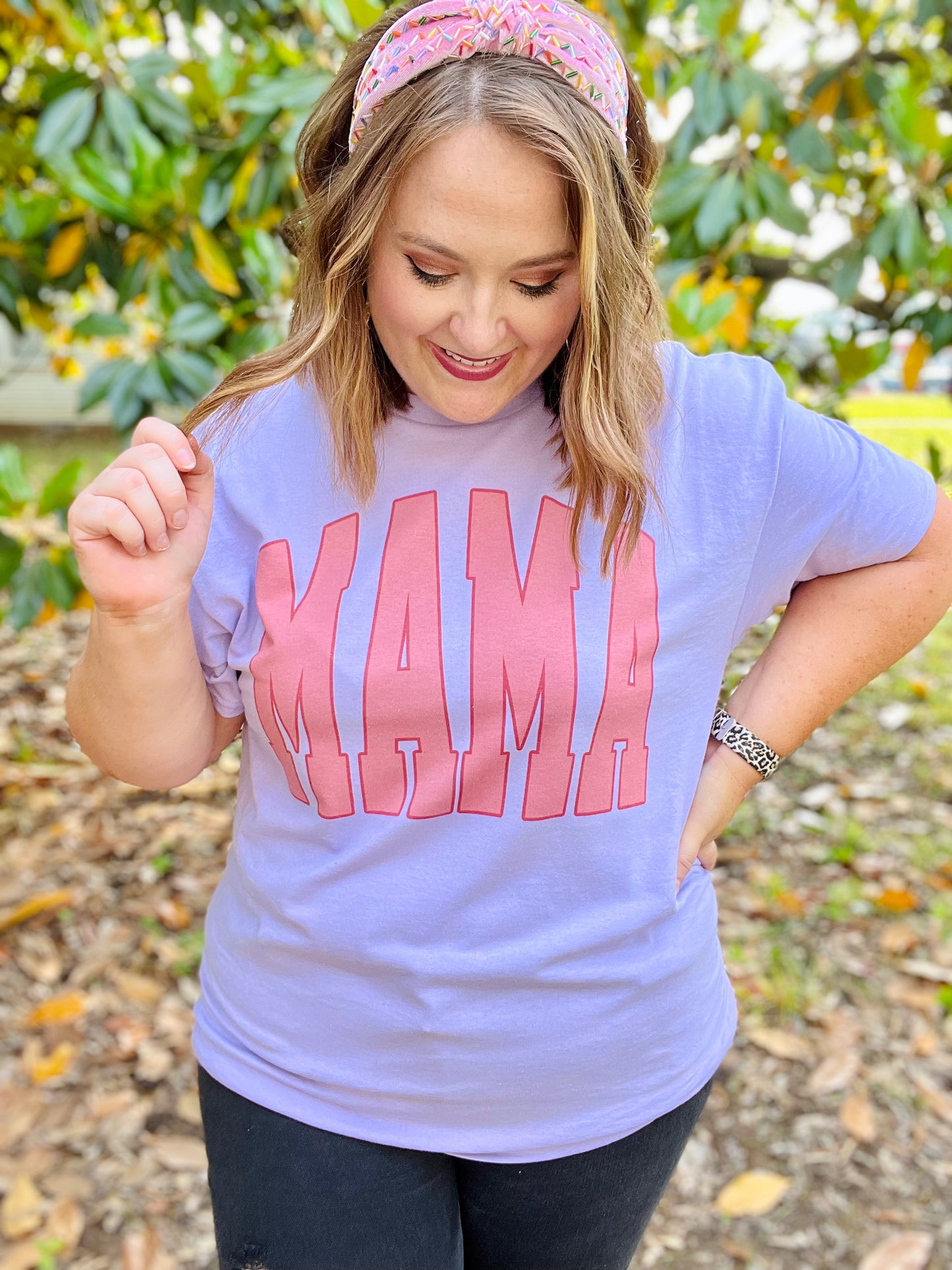Mama Varsity Pink Tee on Lavender
