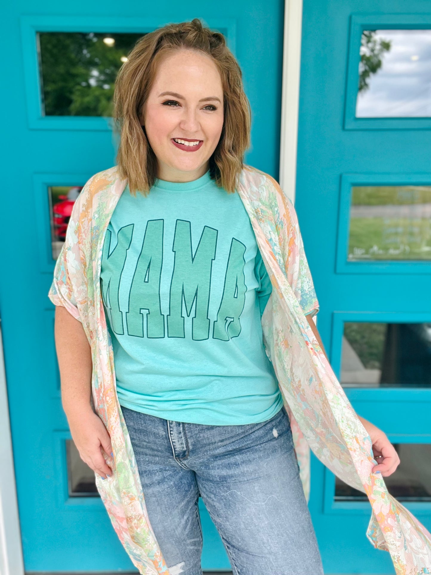 Mama Varsity Sage Tee on Mint Green
