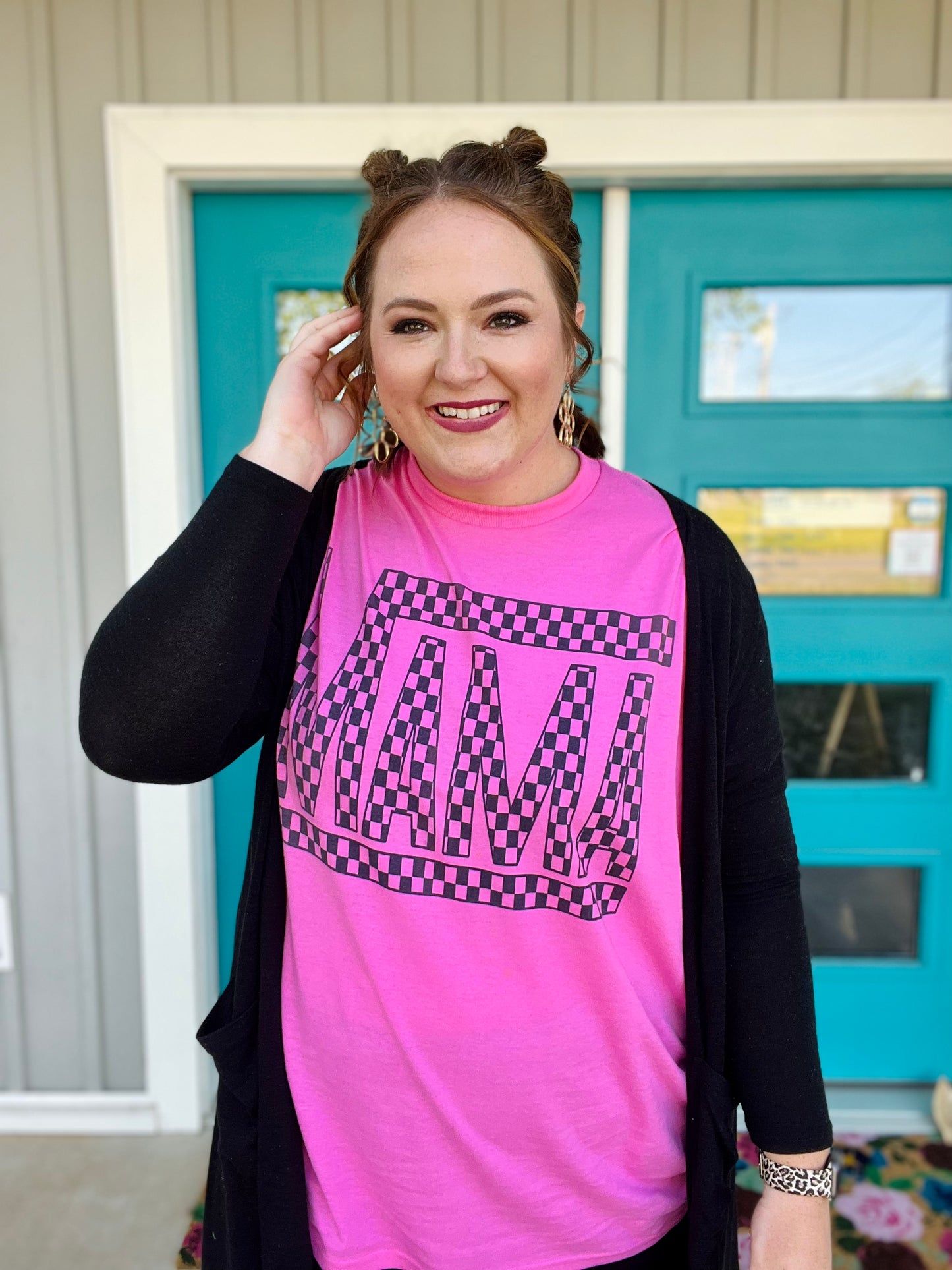 Checkered Mama on Bubblegum Pink