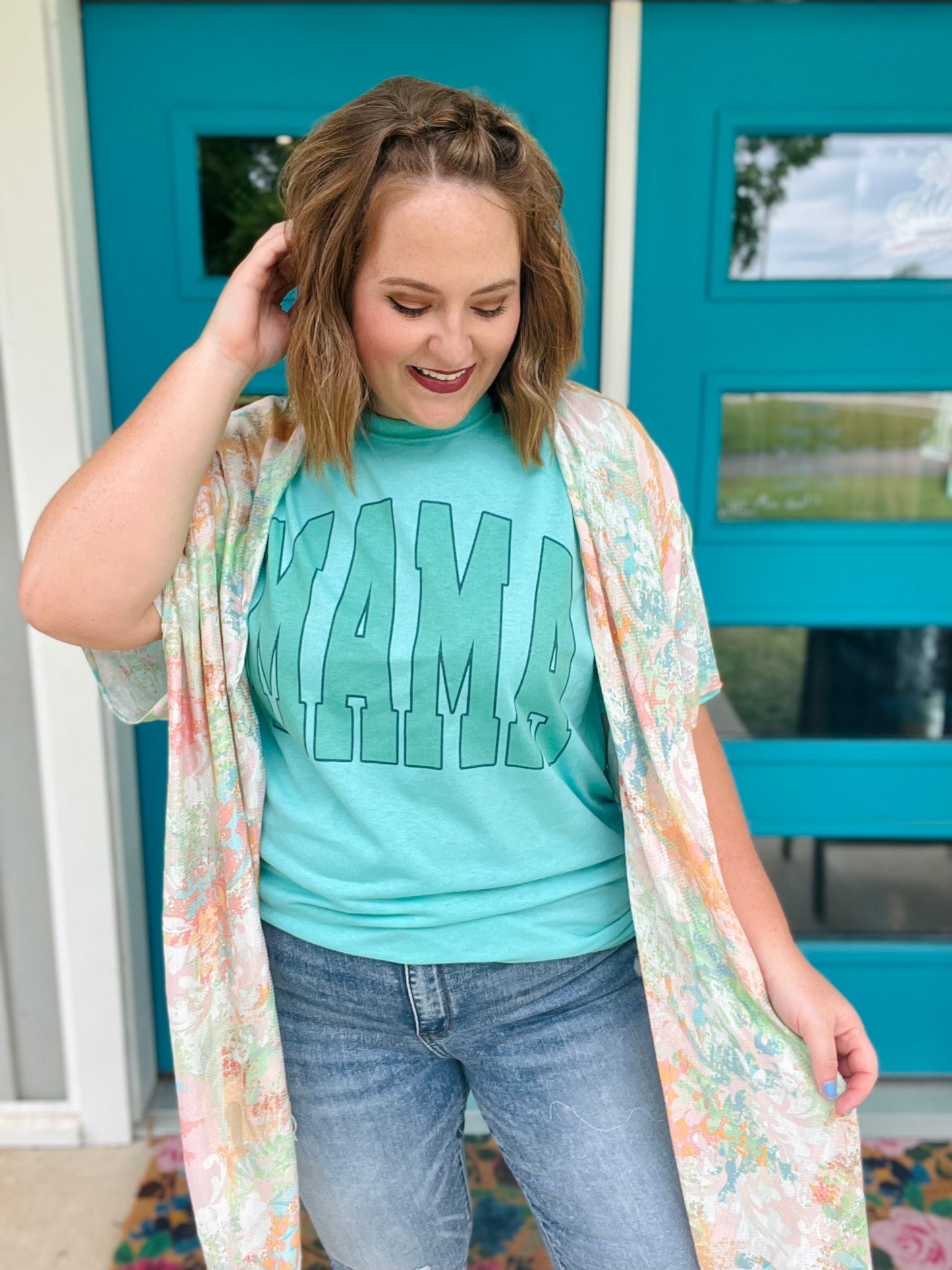 Mama Varsity Sage Tee on Mint Green