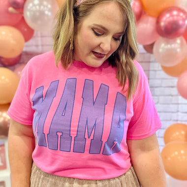Mama Varsity Blue Tee on Pink