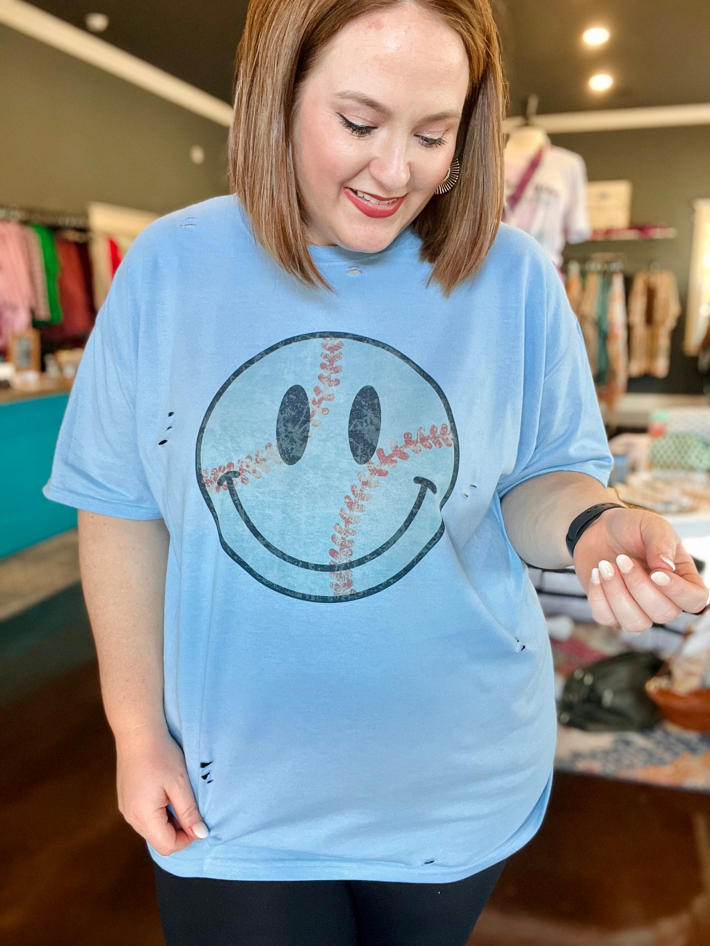 Baseball Smiley Distressed Tee on Blue