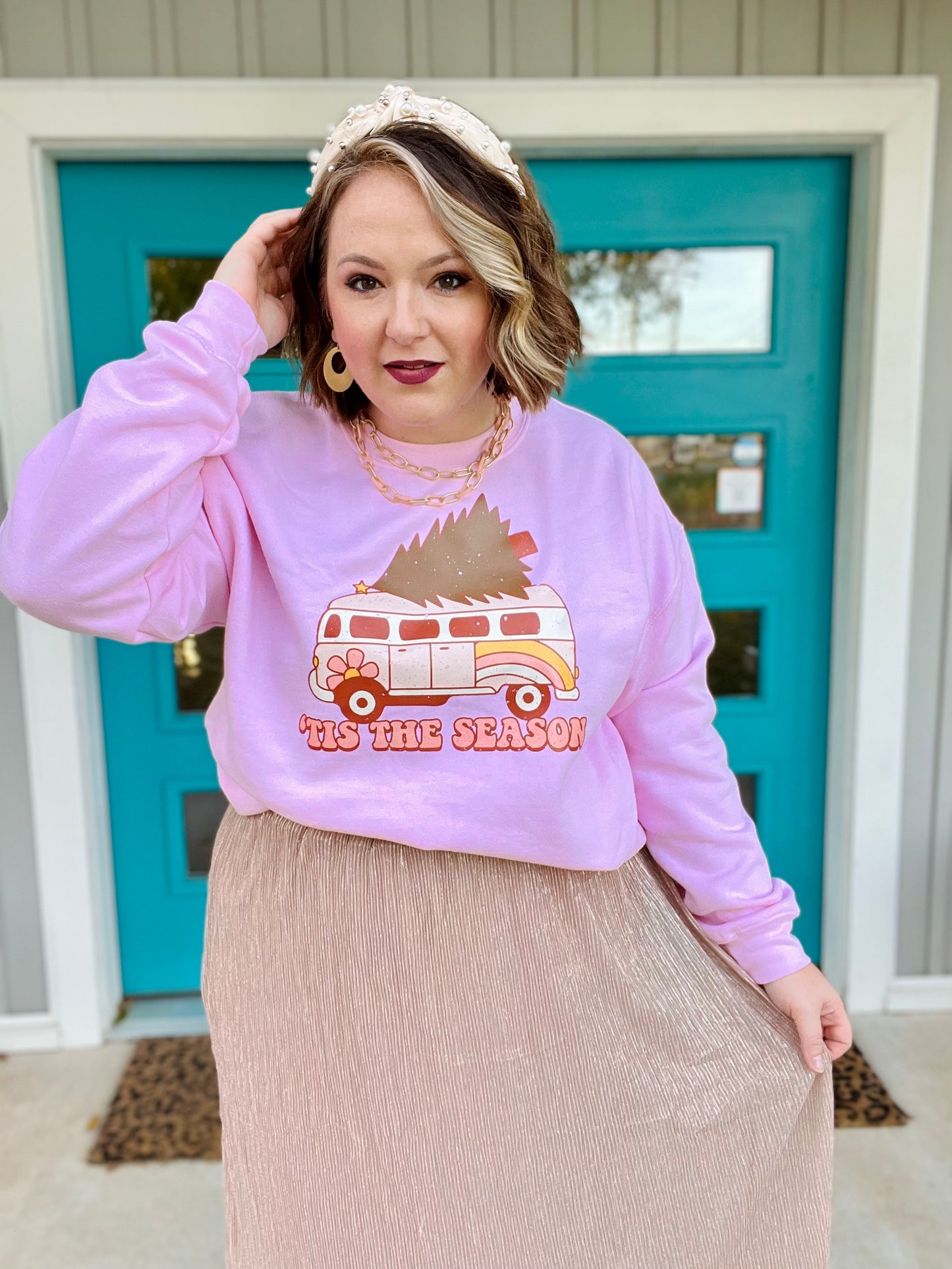 Tis the Season Retro Sweatshirt on Light Pink
