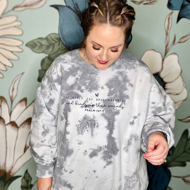 He Heals Hand Dyed Tee on Gray