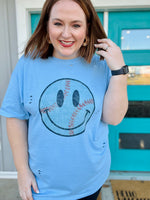 Baseball Smiley Distressed Tee on Blue
