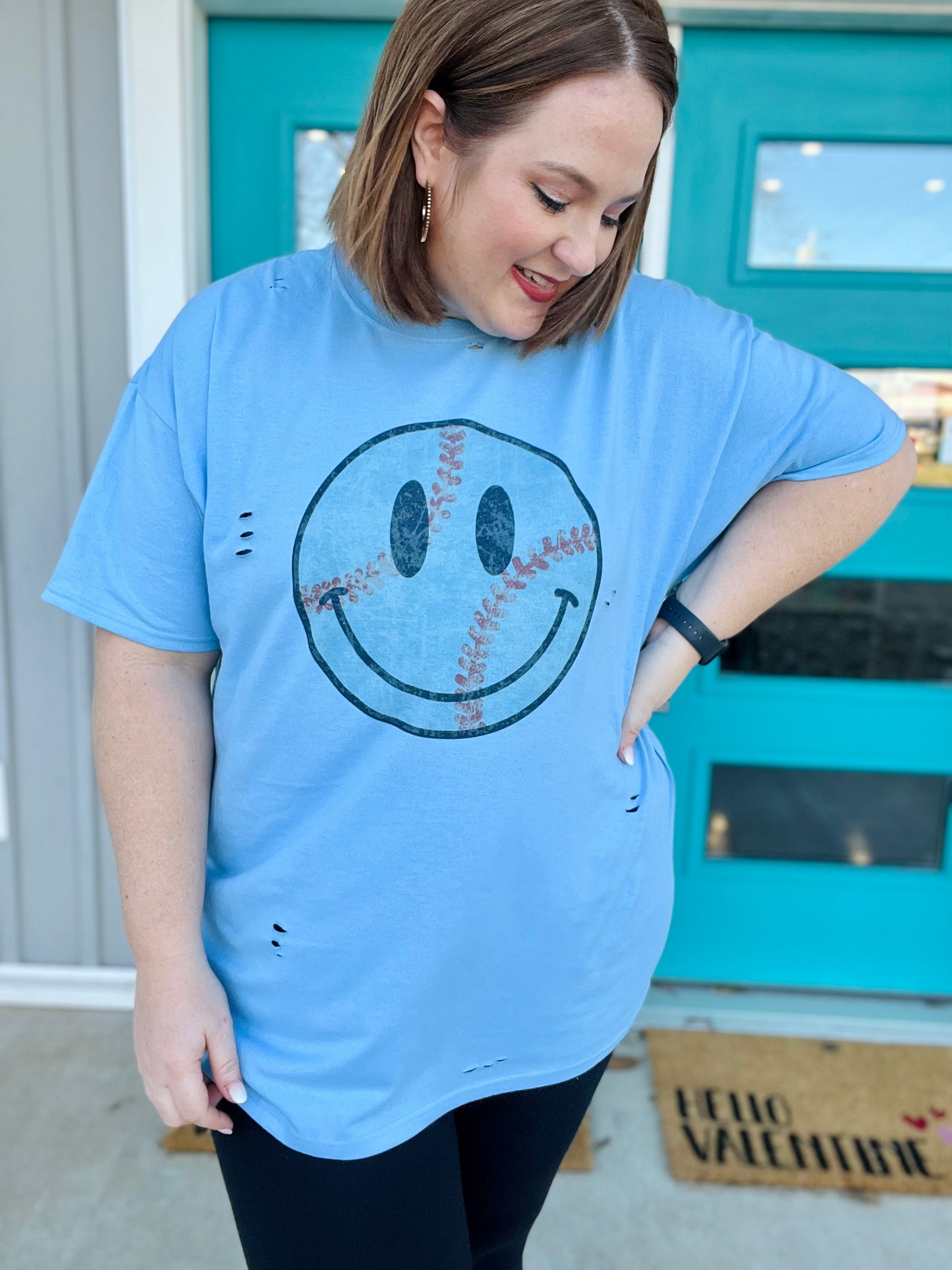Baseball Smiley Distressed Tee on Blue