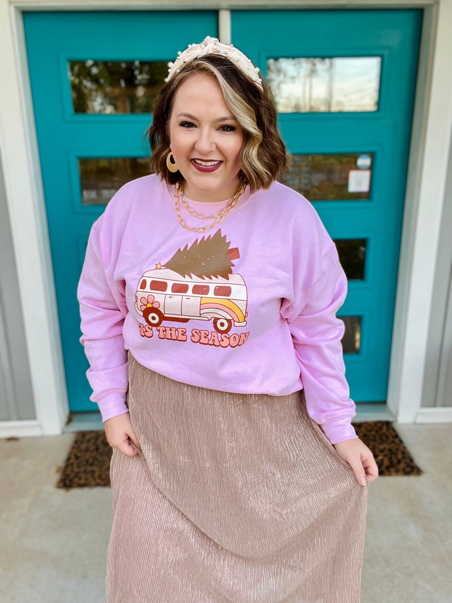 Tis the Season Retro Sweatshirt on Light Pink
