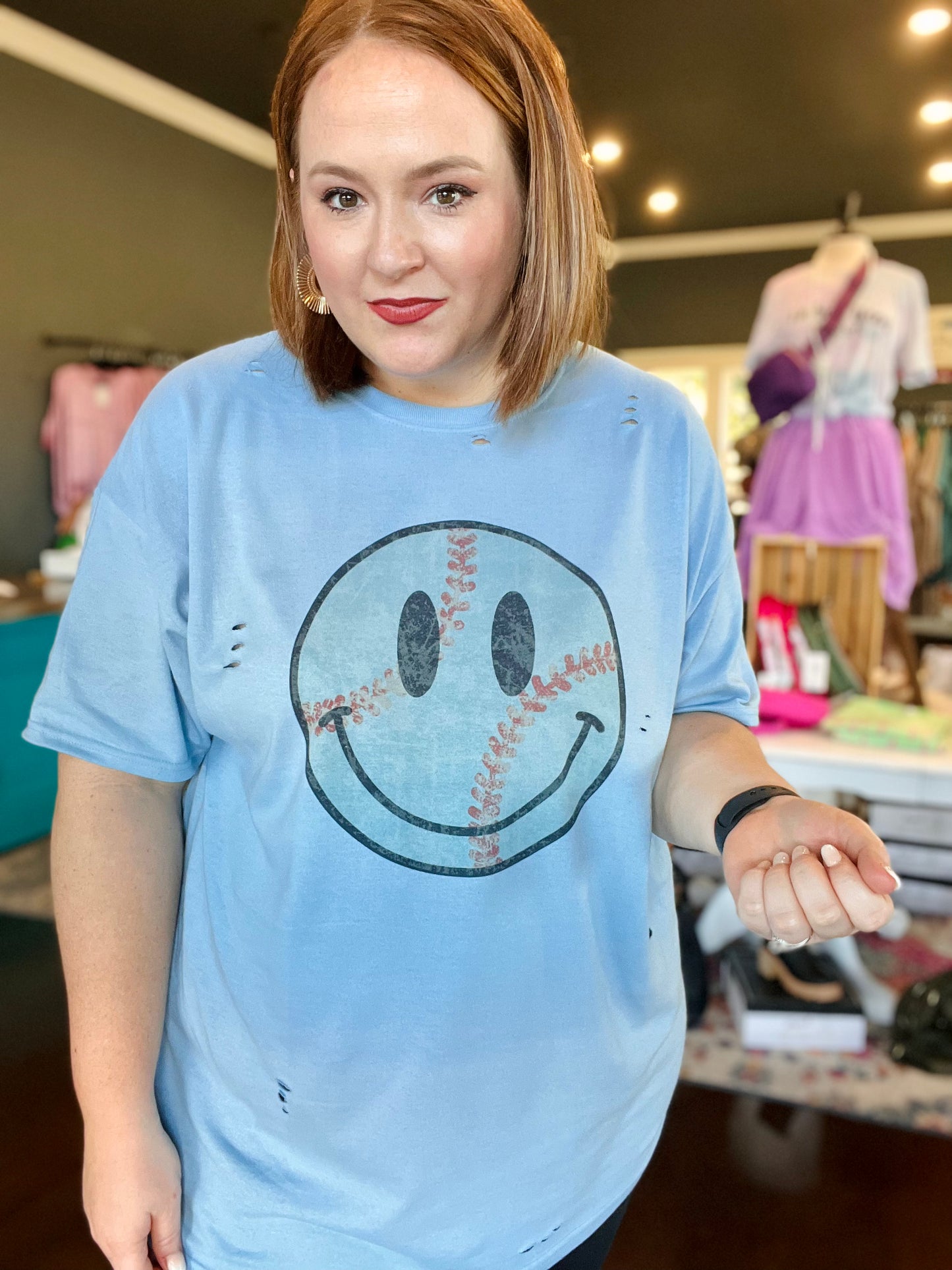 Baseball Smiley Distressed Tee on Blue