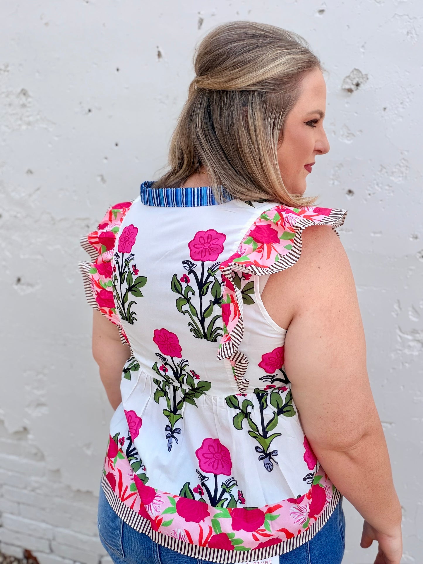 Floral Stripe Trim Buttoned V-Neck Flutter Sleeve Blouse