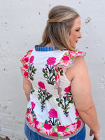 Floral Stripe Trim Buttoned V-Neck Flutter Sleeve Blouse
