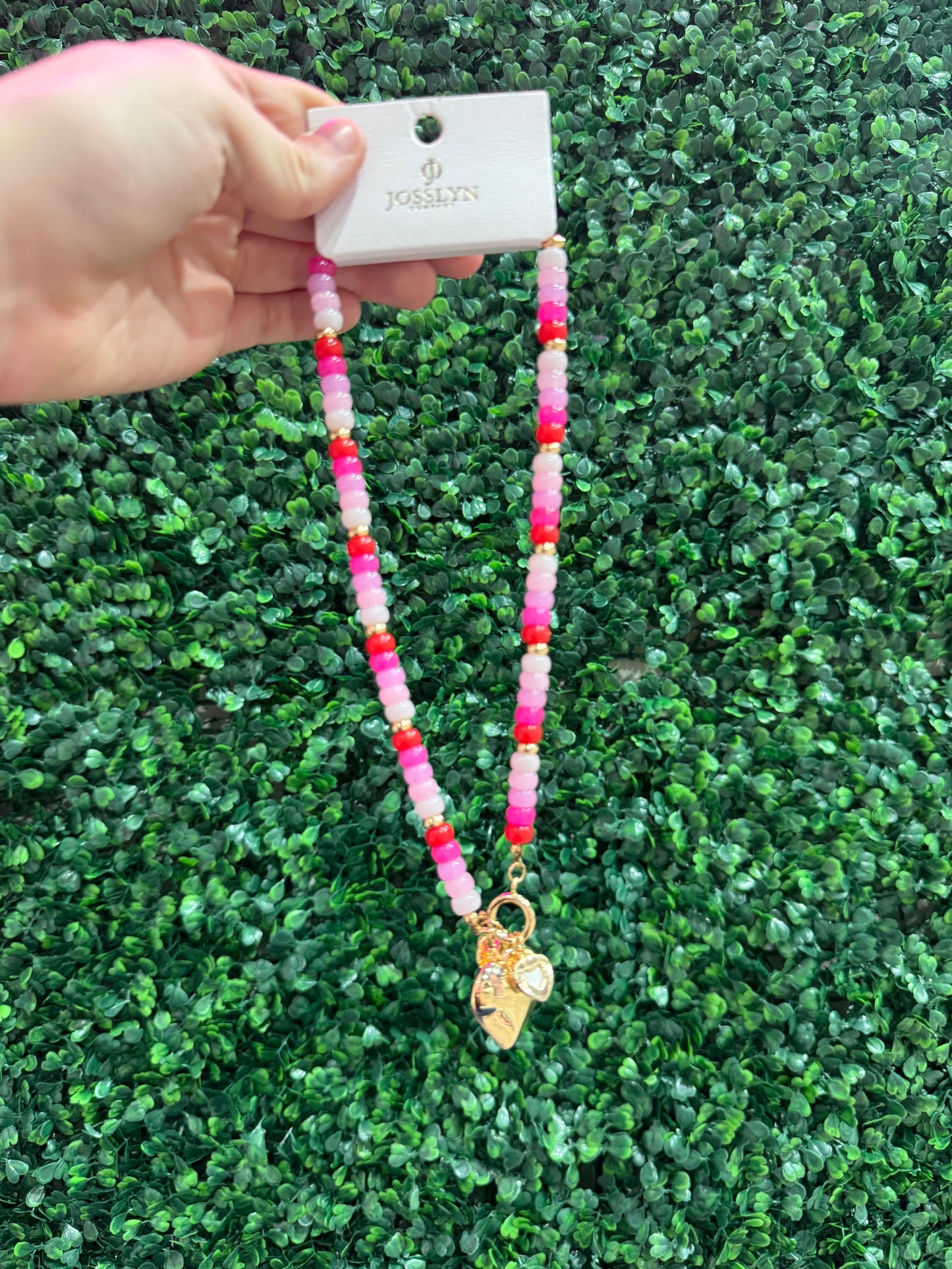 Beaded Porcelain Heart Charm Necklace - Pink