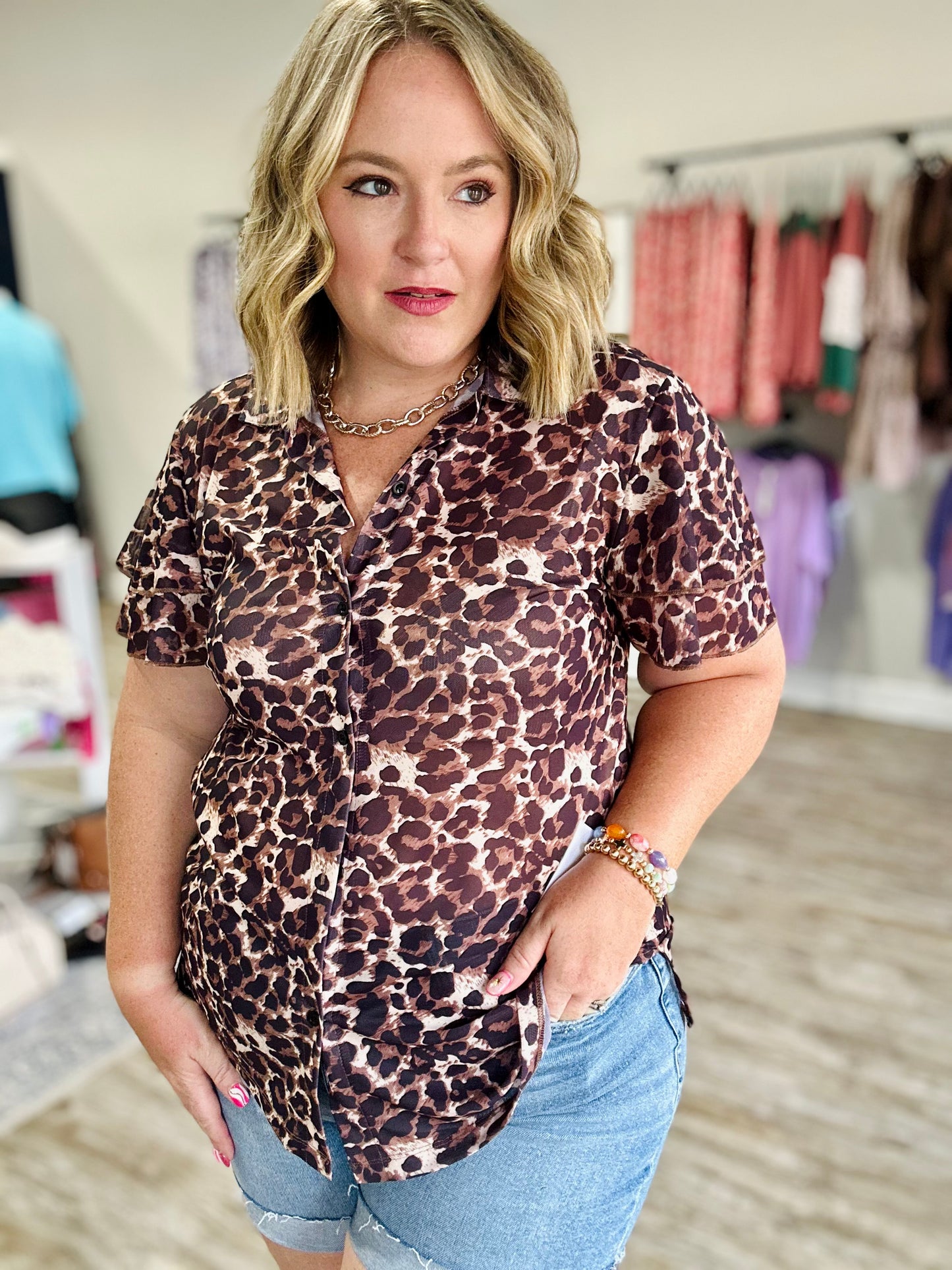 Mesh Leopard Button Down