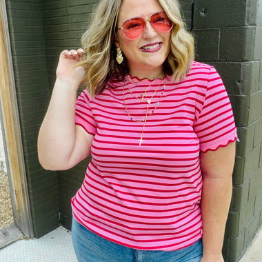 Lennie Stripe Scalloped Top in Red