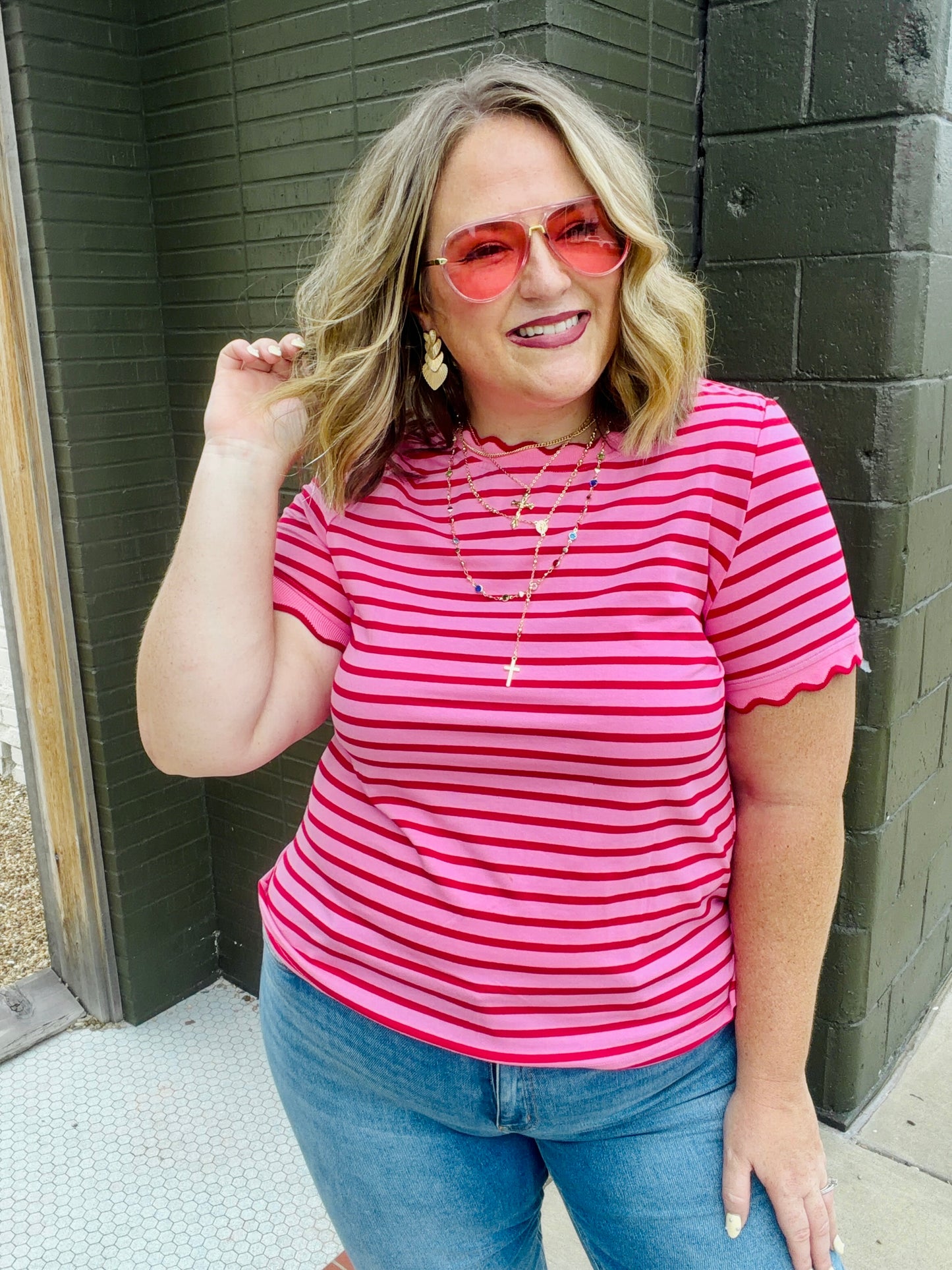 Lennie Stripe Scalloped Top in Red
