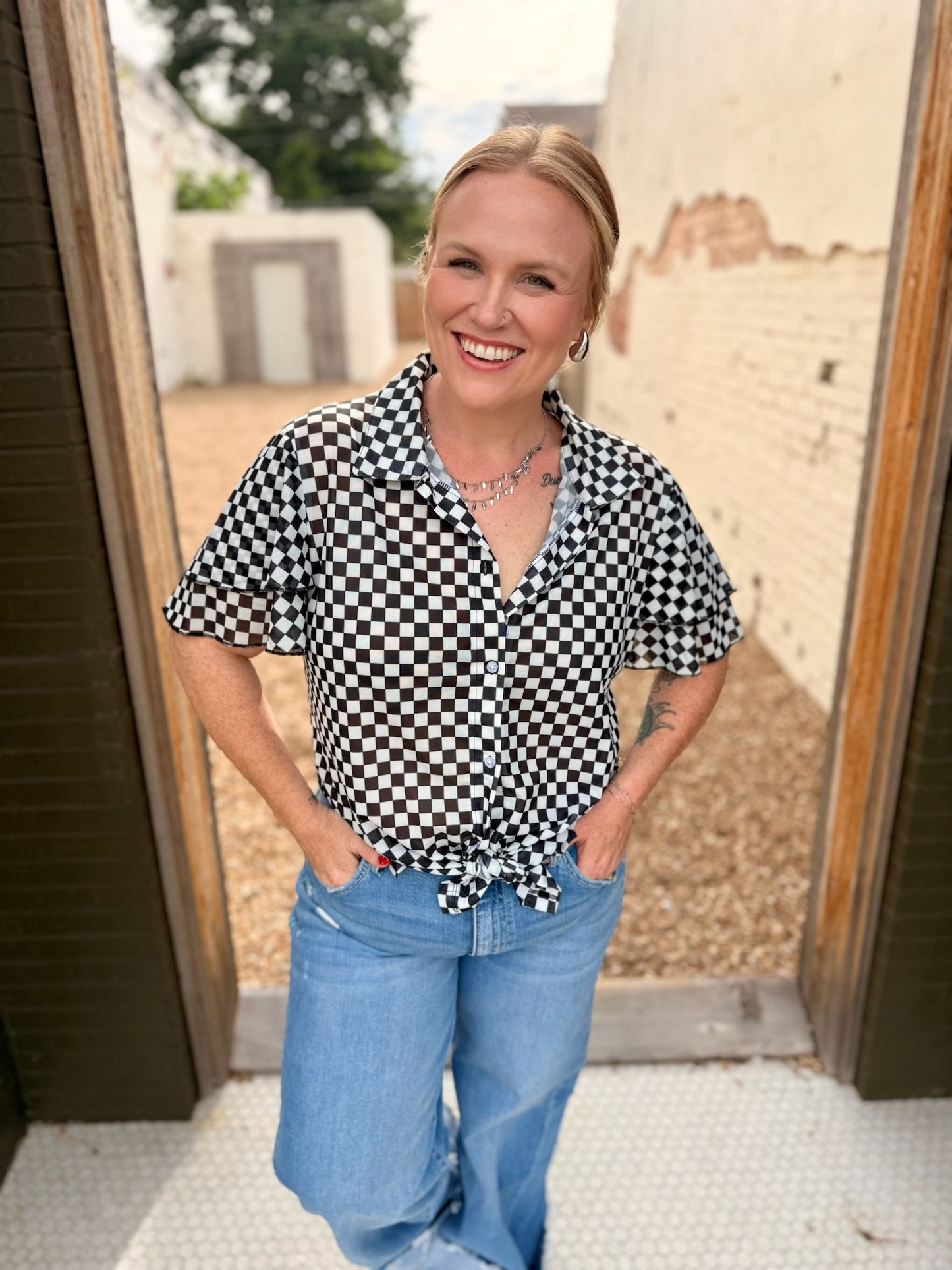 Mesh Checkered Button Down