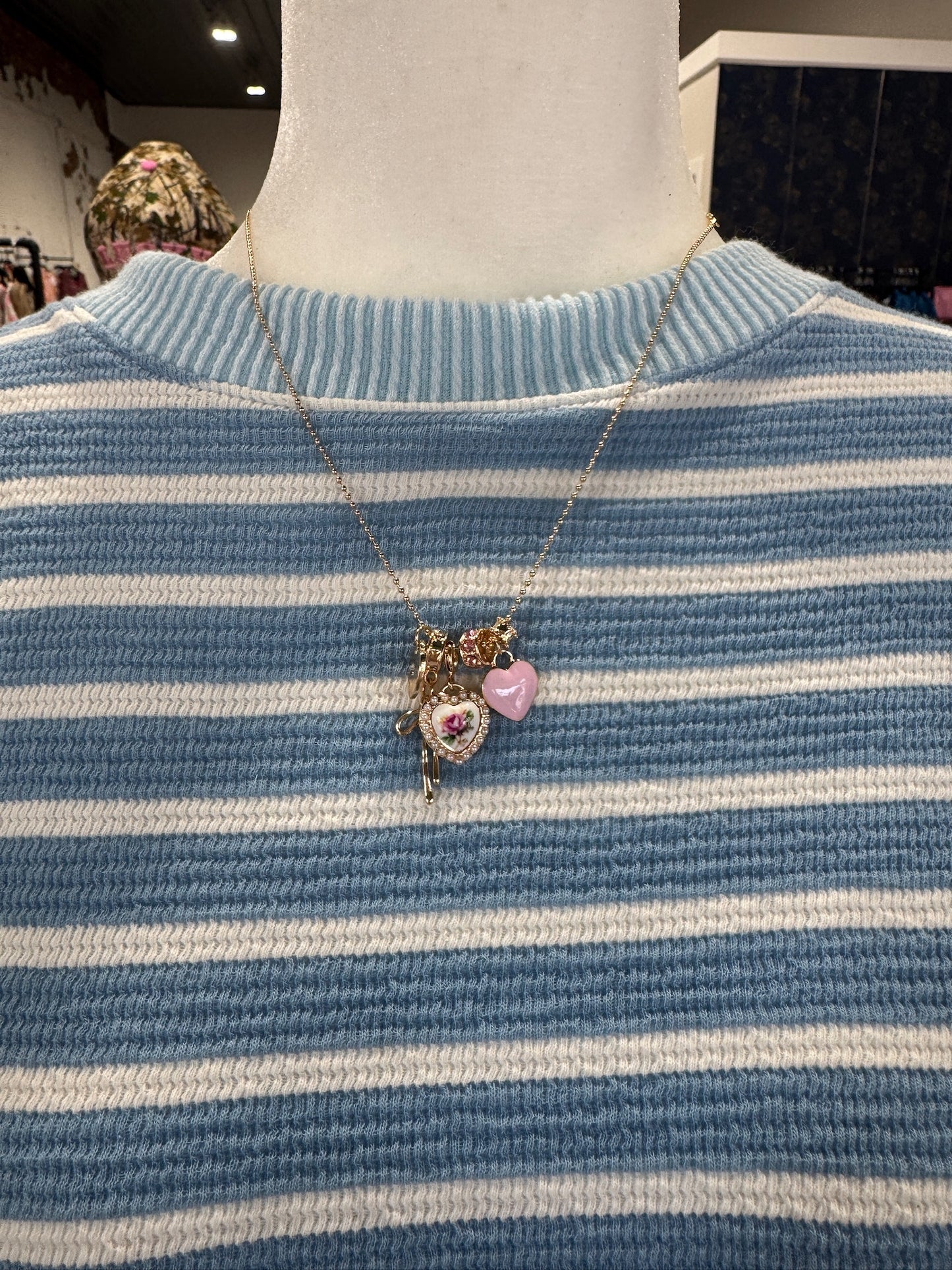 Multi Charm Porcelain Bow Ball Chain Necklace