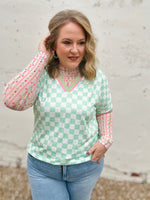 Mint Green Checkered V-Neck
