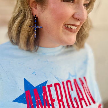 Rhinestone Cross Earrings in Blue