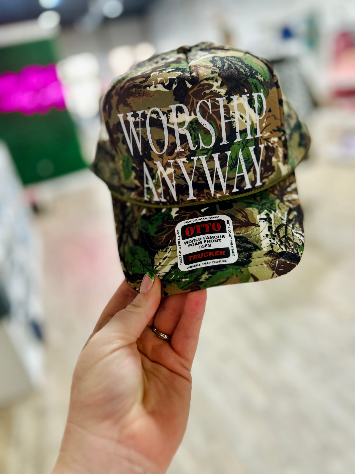 Worship Anyway Camo Trucker