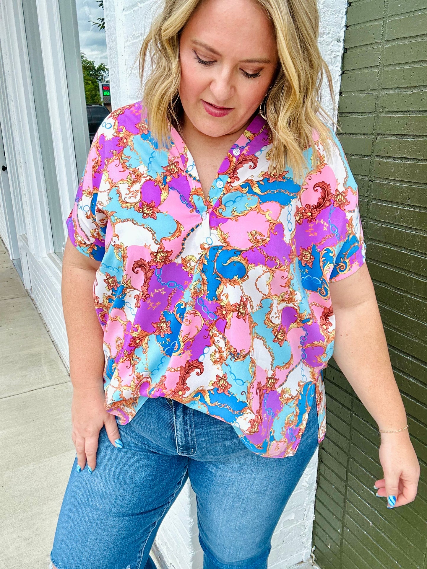 Malia Mixed Print Button Top