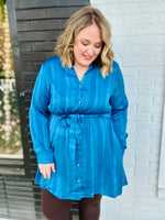 Tina Texture Satin Shirt Dress in Blue