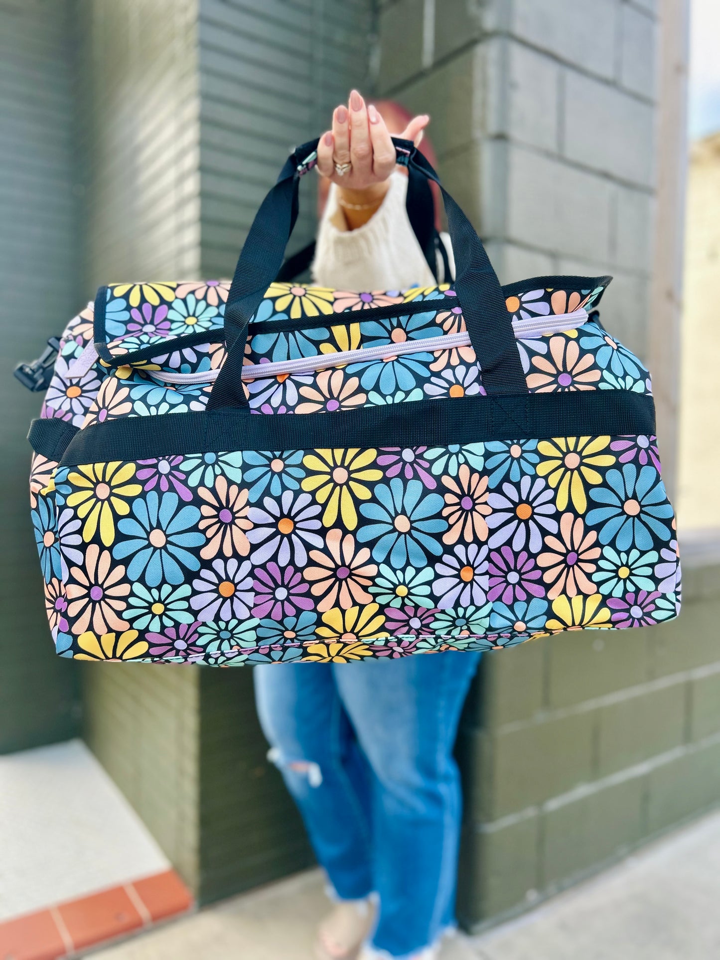 Black Daisy Floral Canvas Duffle Bag