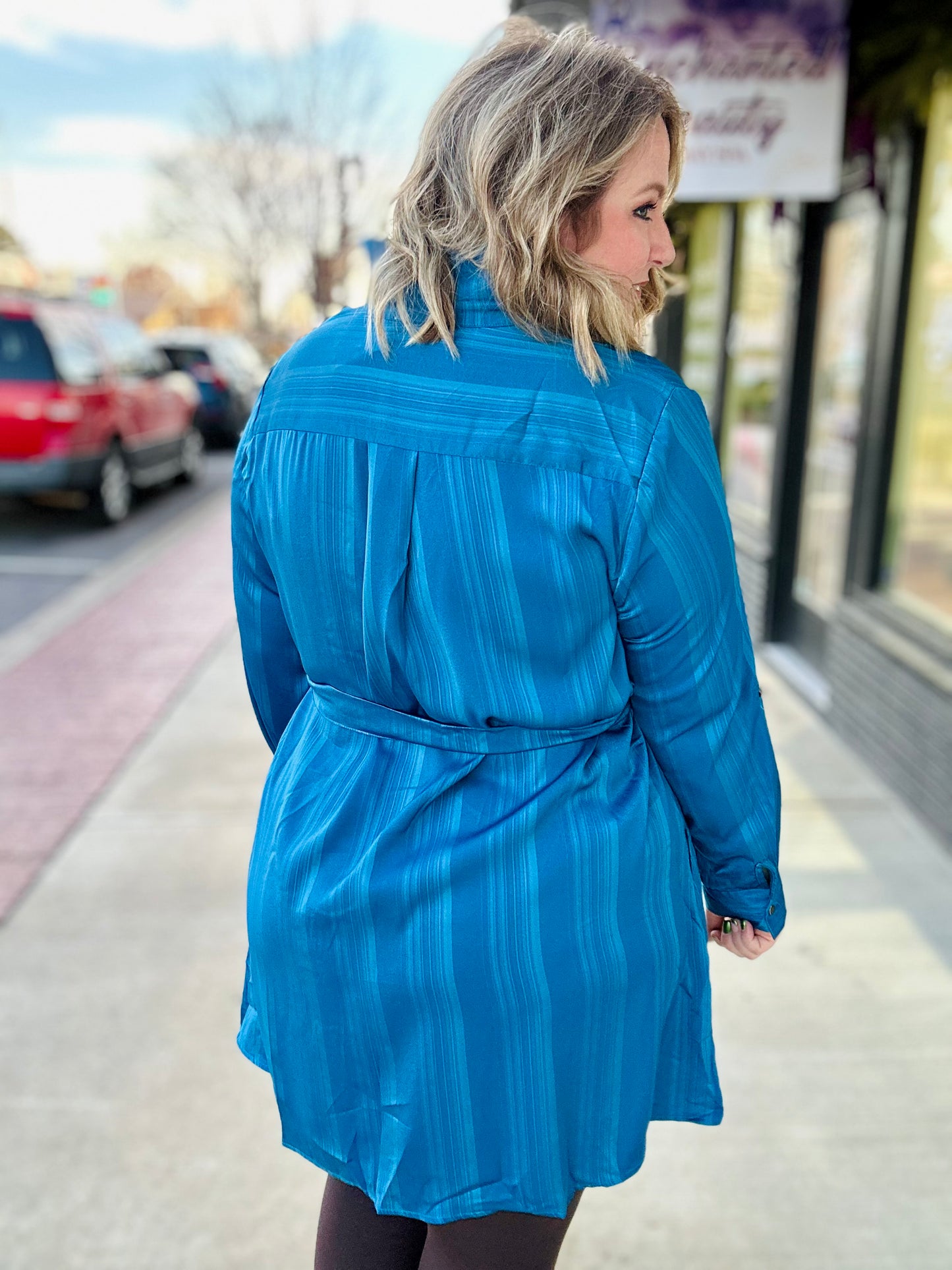 Tina Texture Satin Shirt Dress in Blue