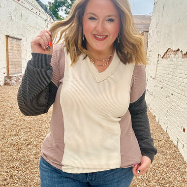Puff Sleeve Urban Ribbed Color Block Top