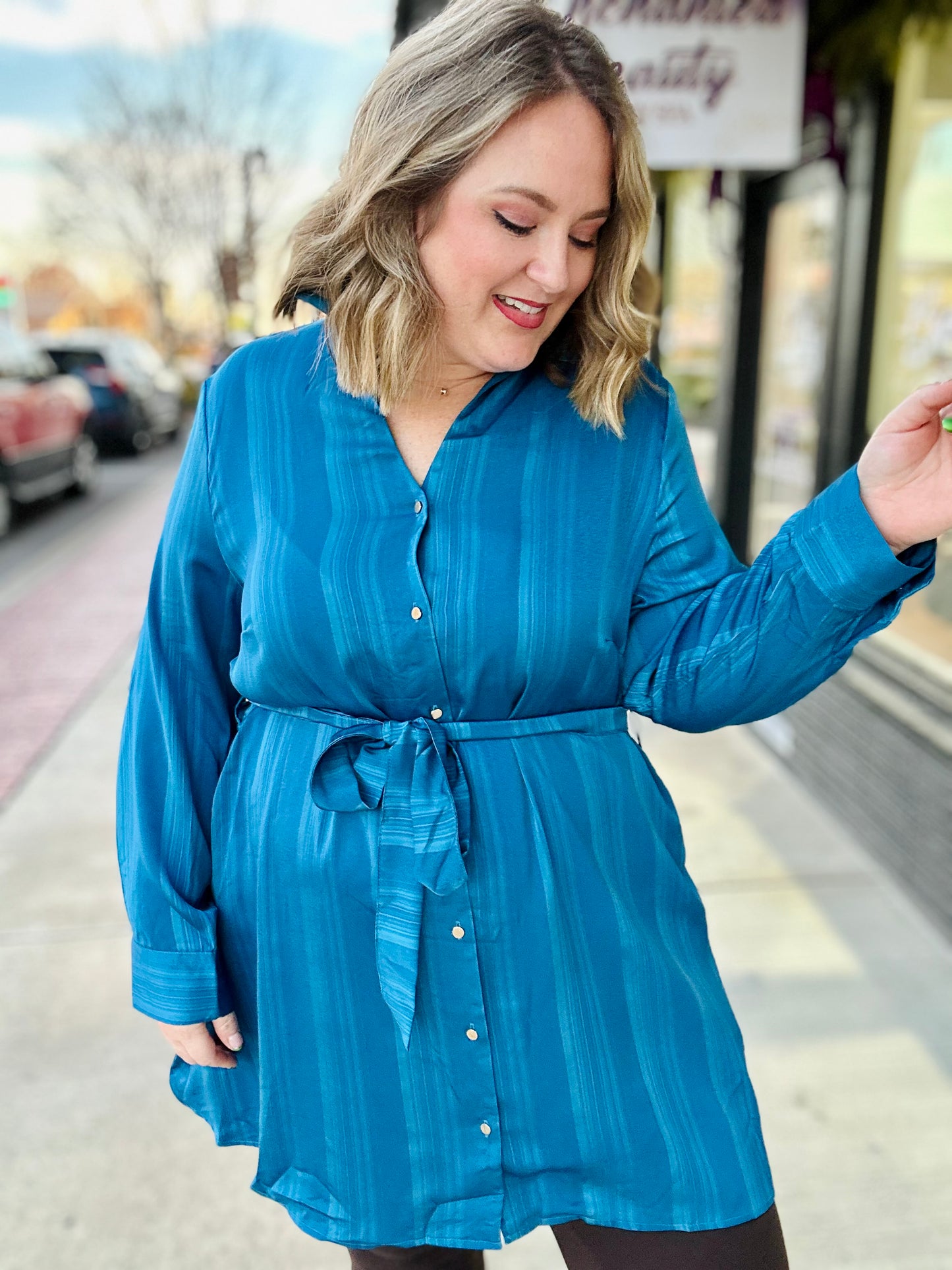 Tina Texture Satin Shirt Dress in Blue
