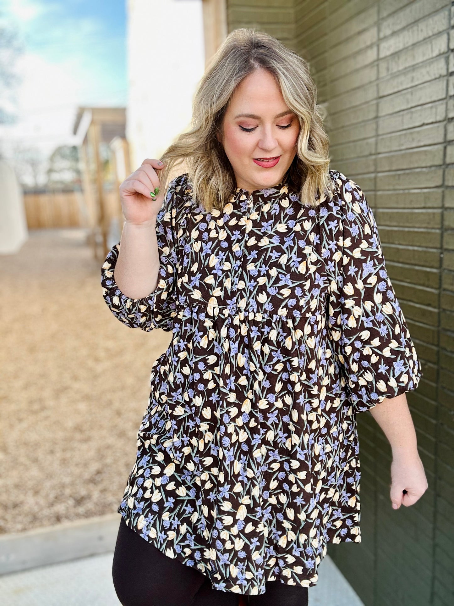 Floral Corduroy Puff Sleeve Babydoll Dress