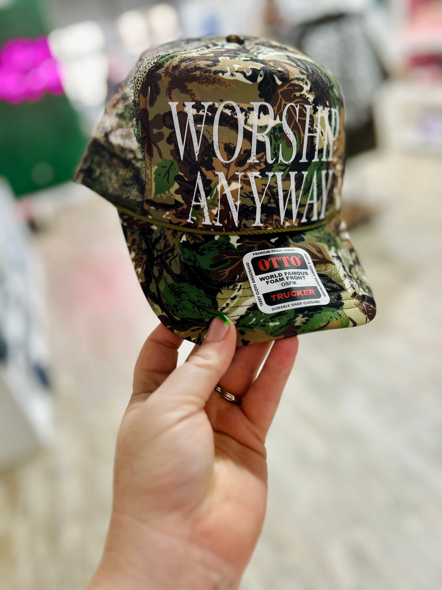 Worship Anyway Camo Trucker