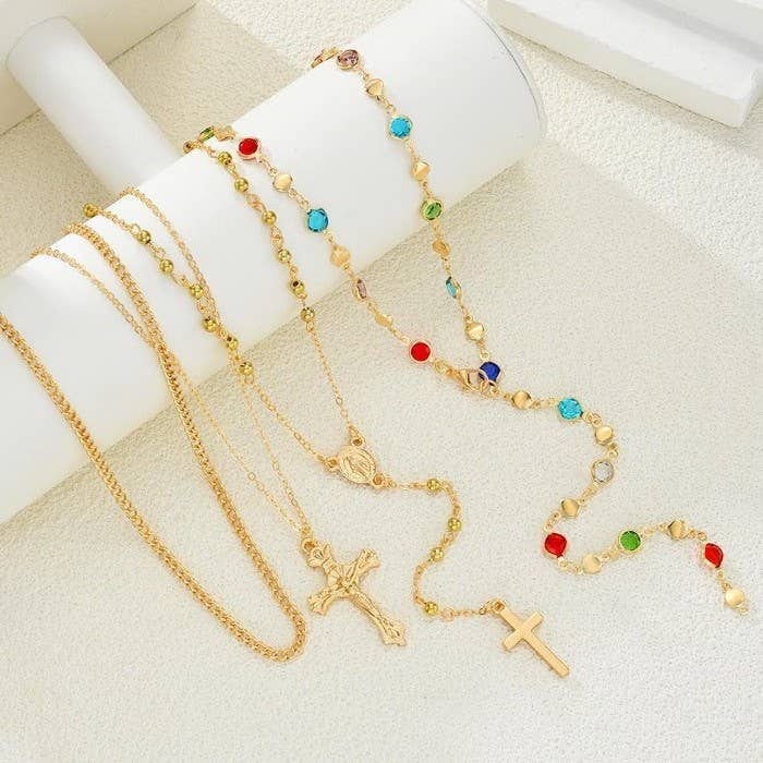 Multi Stones Cross Layered Necklace