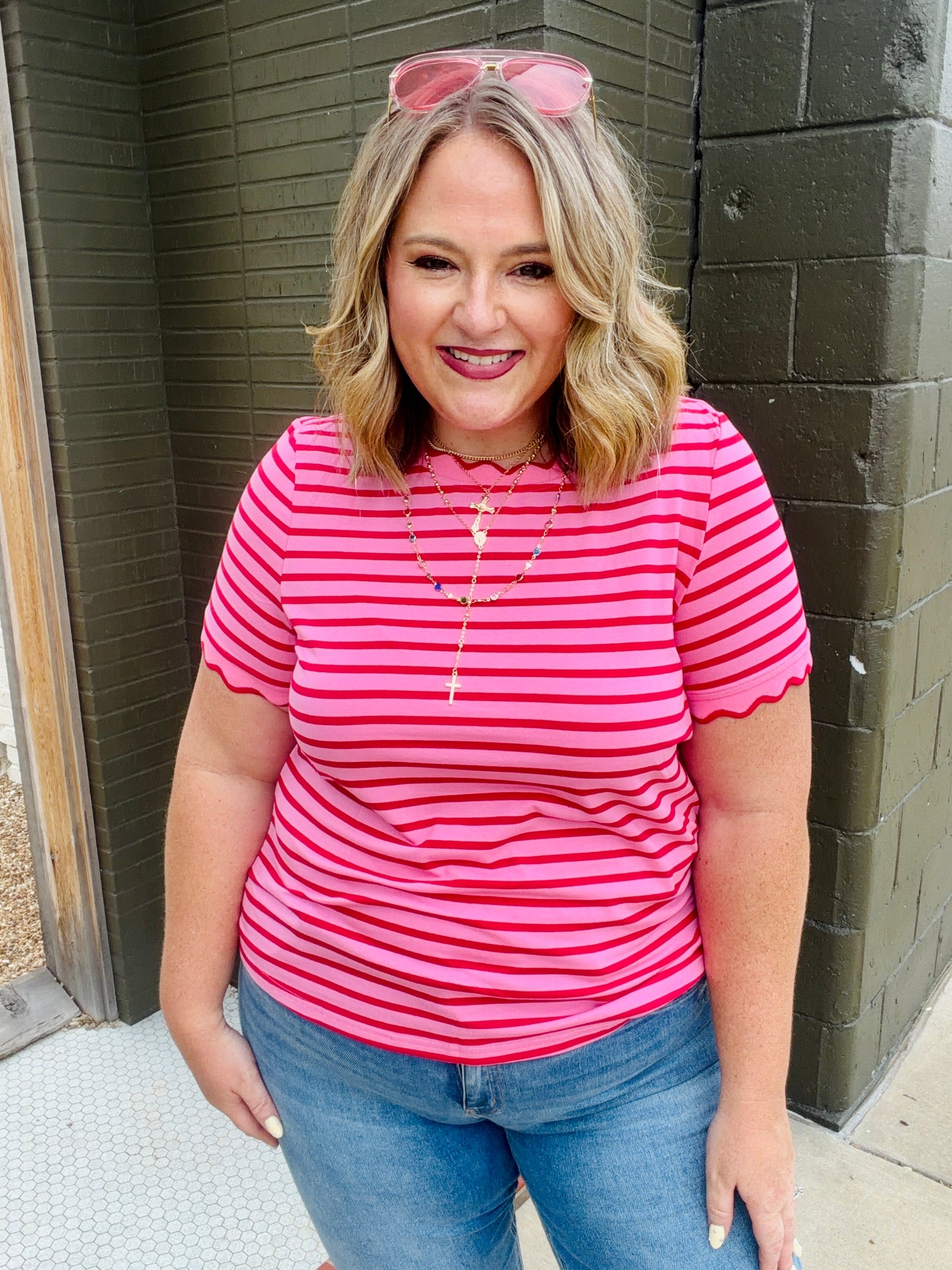 Lennie Stripe Scalloped Top in Red