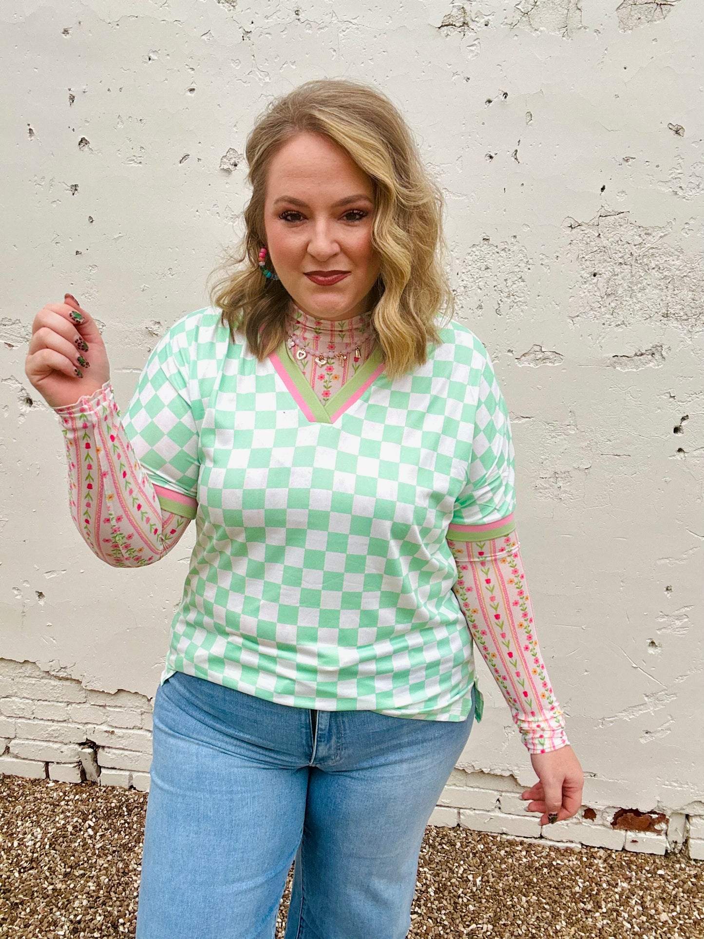 Mint Green Checkered V-Neck