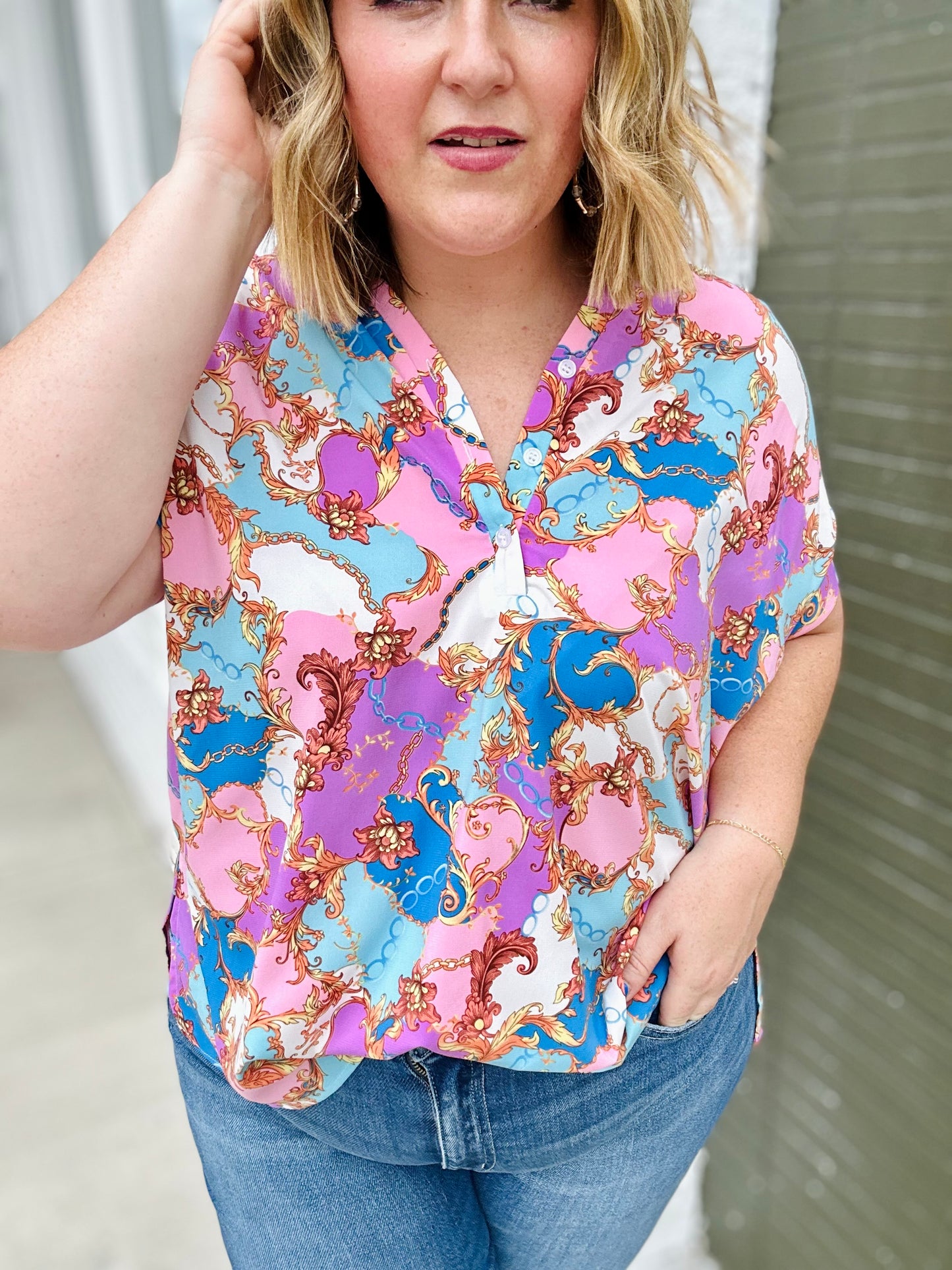 Malia Mixed Print Button Top