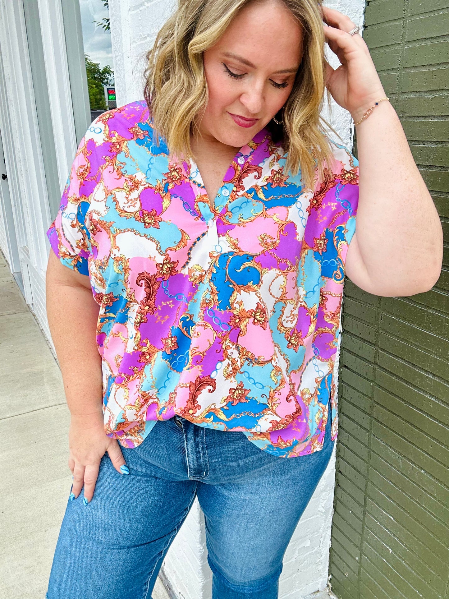Malia Mixed Print Button Top