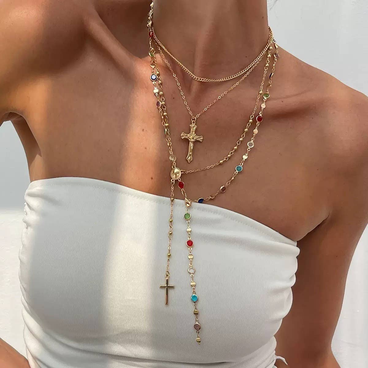 Multi Stones Cross Layered Necklace