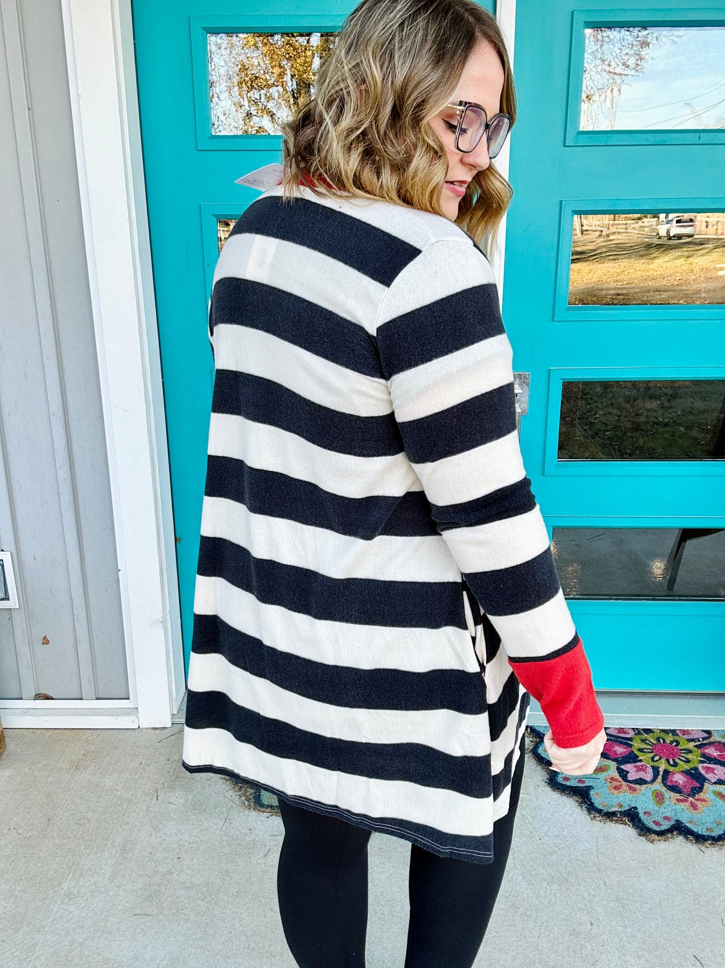 Nelly Striped Draped Cardigan in Black & Red