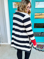 Nelly Striped Draped Cardigan in Black & Red