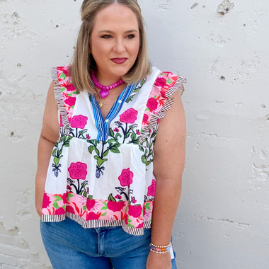 Floral Stripe Trim Buttoned V-Neck Flutter Sleeve Blouse