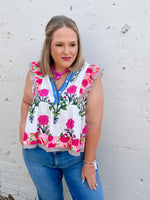 Floral Stripe Trim Buttoned V-Neck Flutter Sleeve Blouse