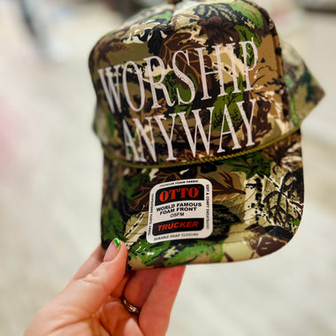 Worship Anyway Camo Trucker