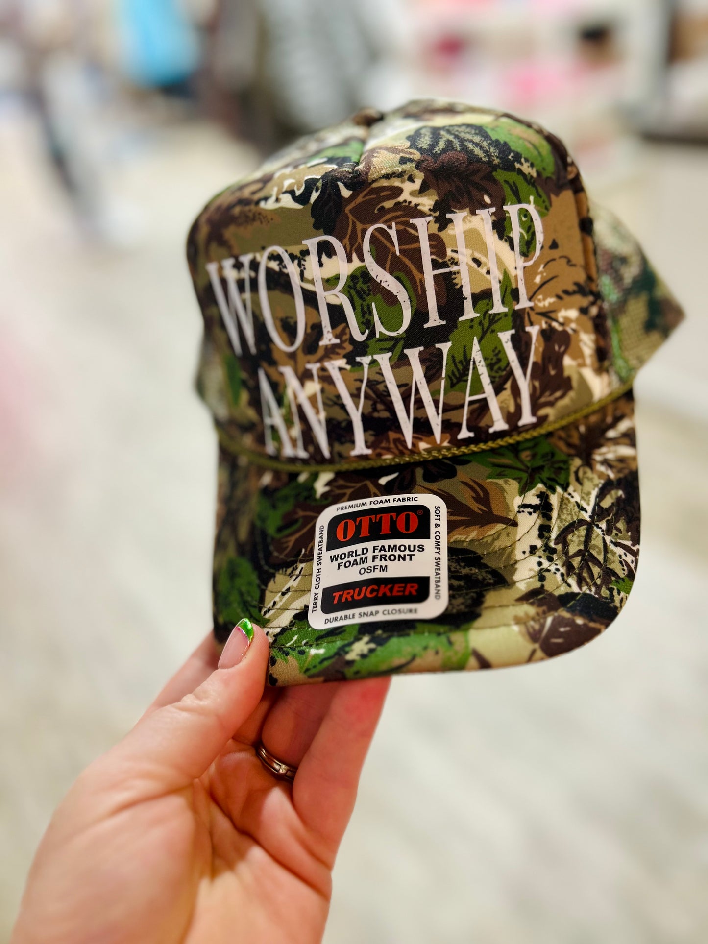 Worship Anyway Camo Trucker