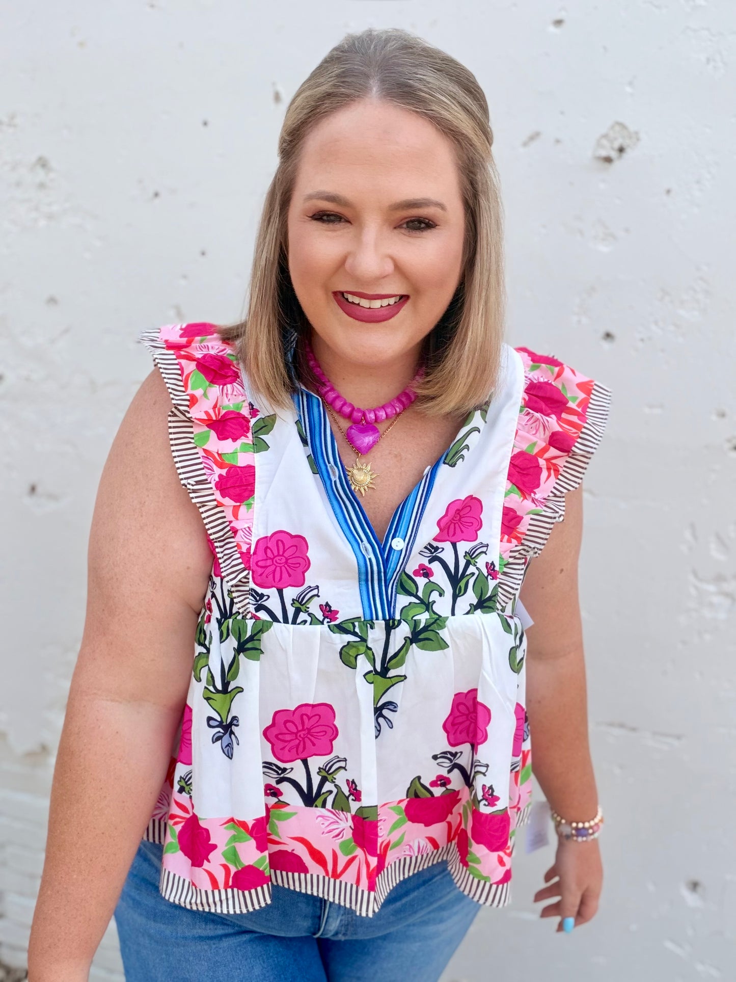 Floral Stripe Trim Buttoned V-Neck Flutter Sleeve Blouse