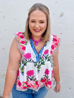 Floral Stripe Trim Buttoned V-Neck Flutter Sleeve Blouse