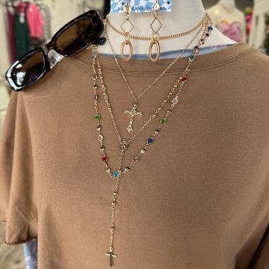Multi Stones Cross Layered Necklace
