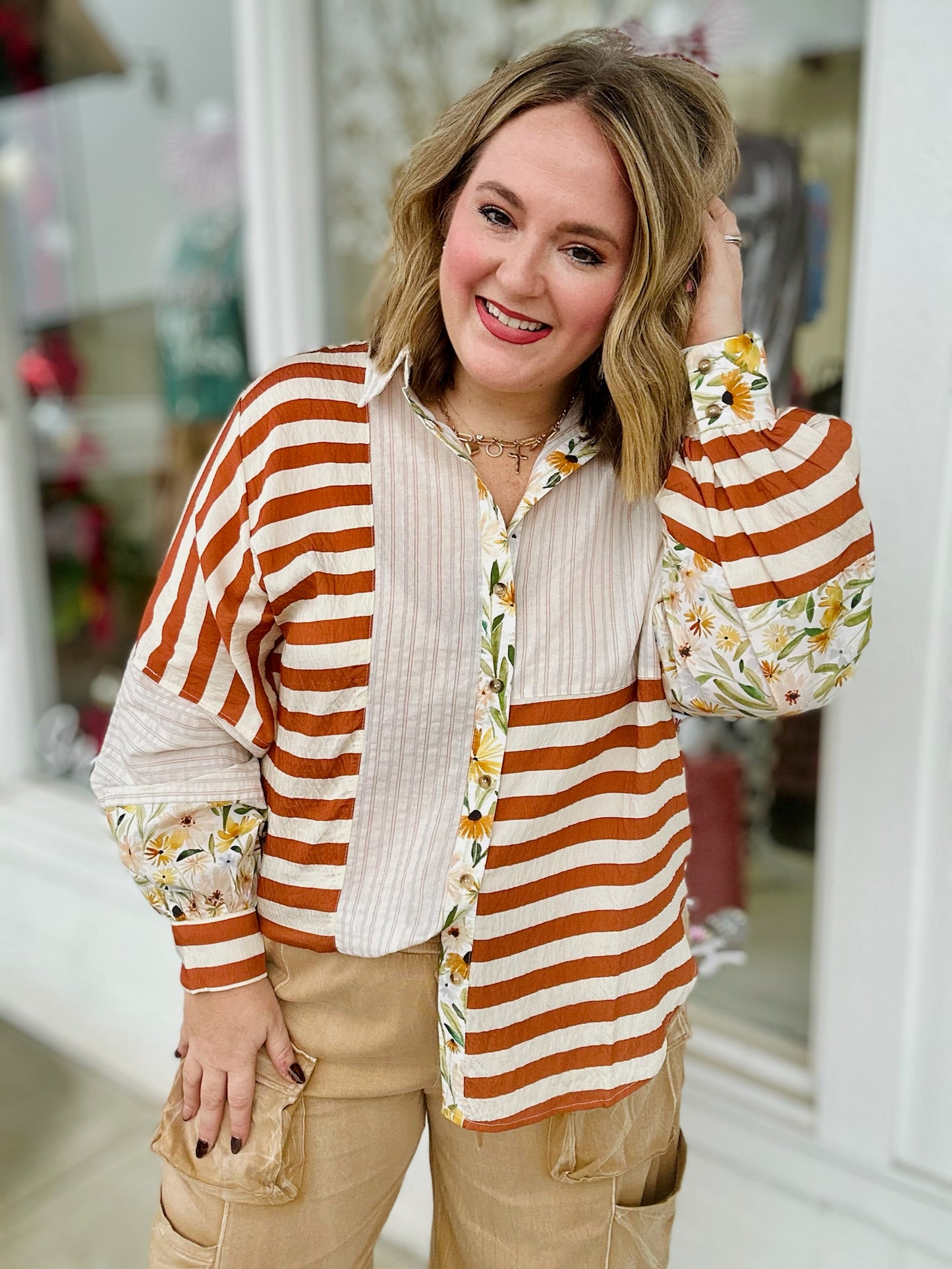 Button-Down Floral Stripe Top