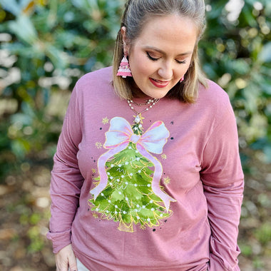 Pink Bow Christmas Tree Long Sleeve Tee