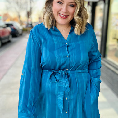 Tina Texture Satin Shirt Dress in Blue